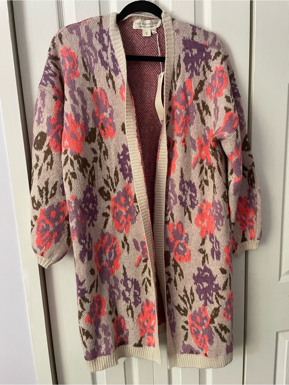 saltwater LUXE Cream Floral Open-Front Cardigan with Pink & Purple Flowers NWT